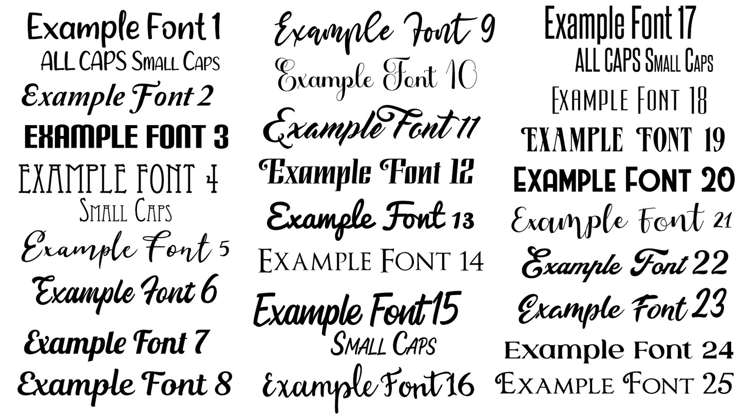 List of 25 fonts available for vinyl personalization.