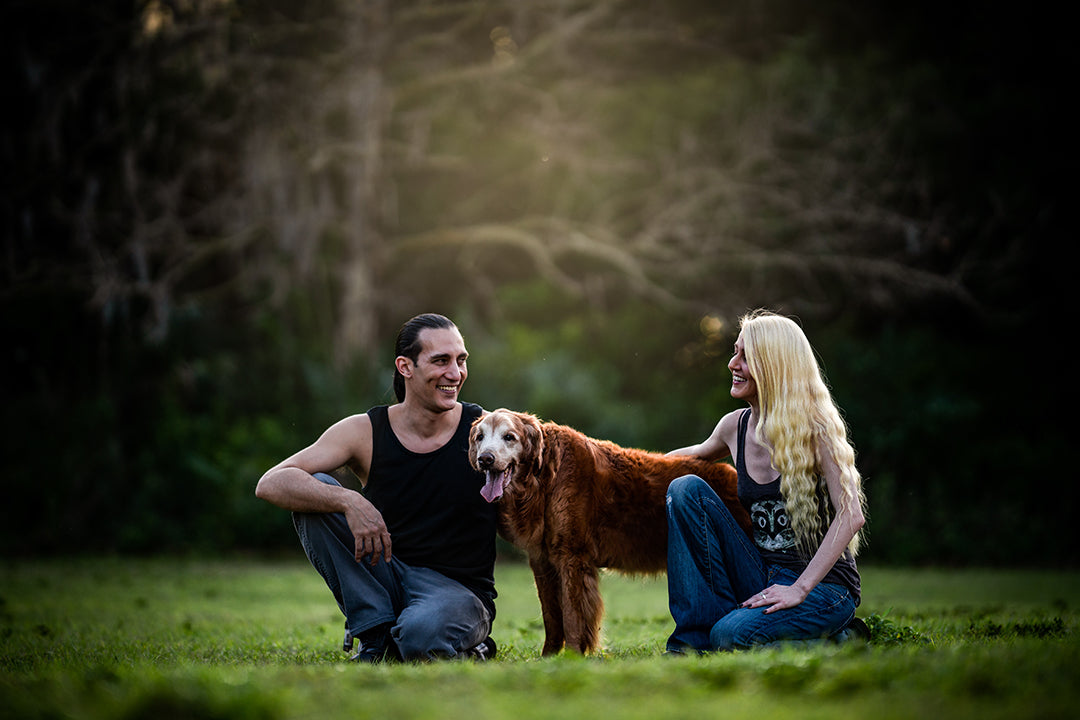 Outdoor scene in park showing senior golden retriever standing between couple while they smile at each other.