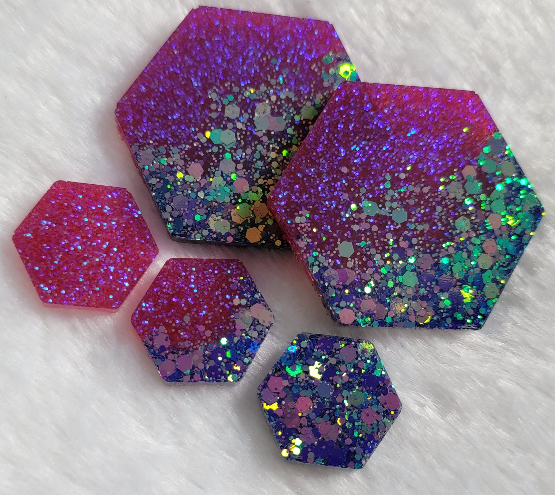 Large and mini hexagon shaped epoxy resin pieces, bright purple iridescent glitters.