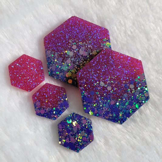 Large and mini hexagon shaped epoxy resin pieces, bright purple iridescent glitters.