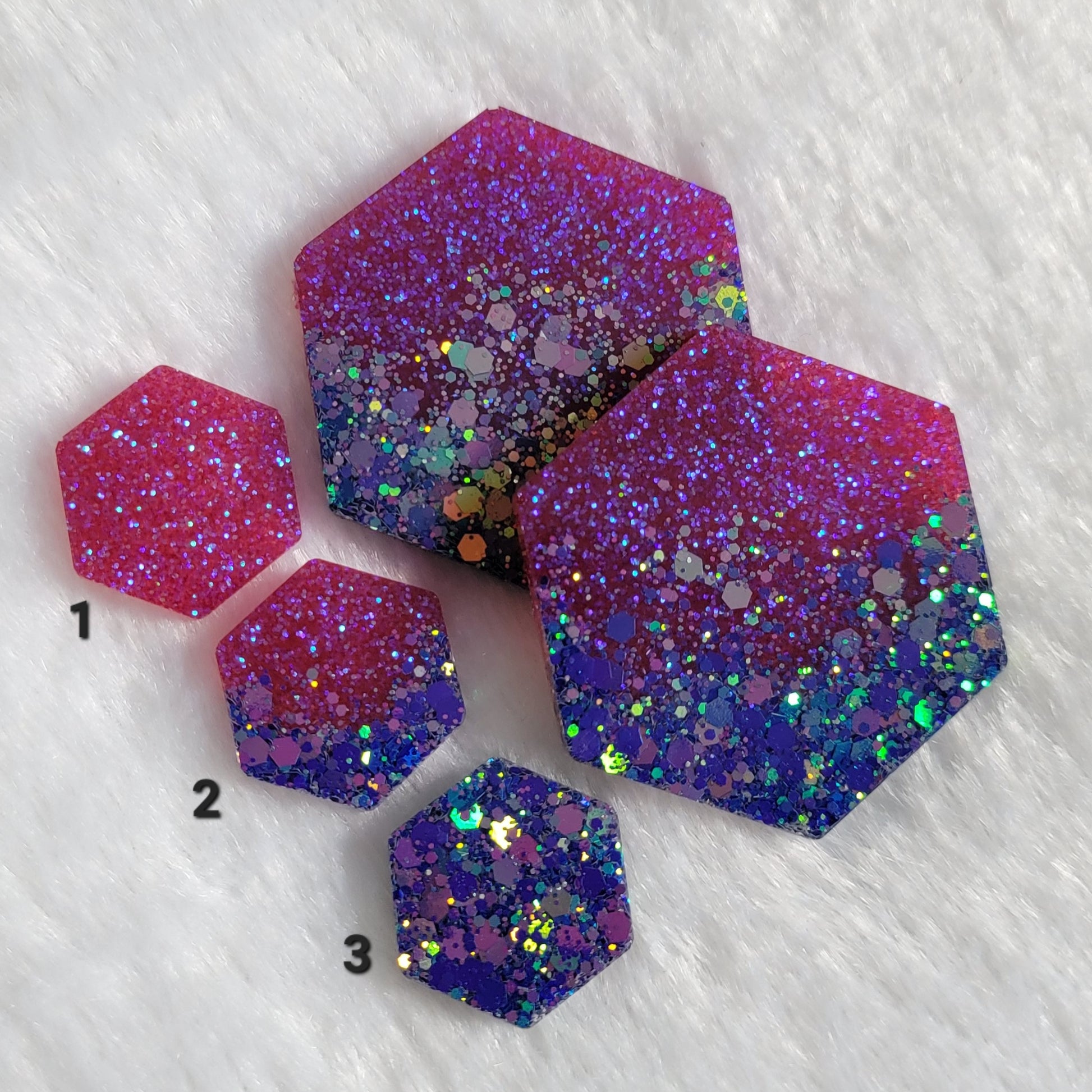 Large and mini hexagon shaped epoxy resin pieces, bright purple iridescent glitters.