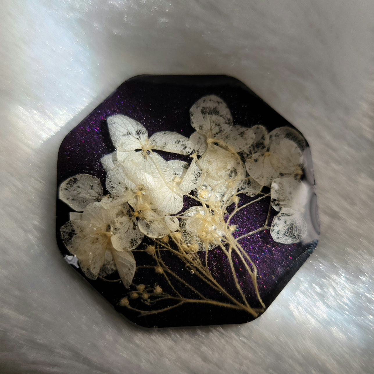 Octagon epoxy resin piece, dark purple with white flowers.