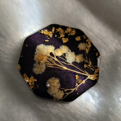 Octagon epoxy resin piece, dark purple with gold foil flake and white flowers.