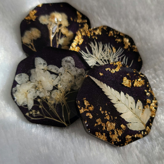 Octagon epoxy resin pieces, dark purple with gold foil flake and white flora.