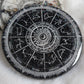 Sparkly black epoxy resin coaster with zodiac design details in silver