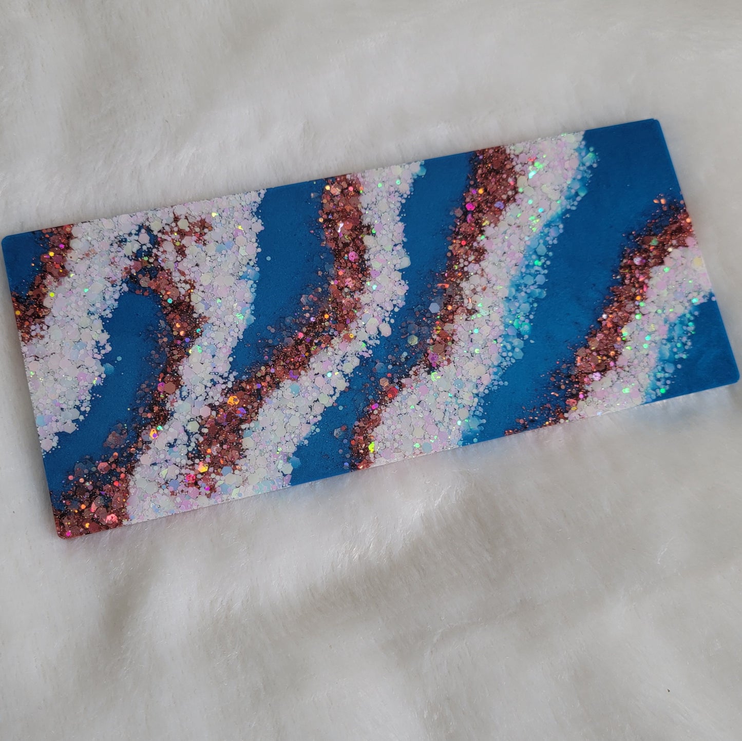 Blue, opal white and pink striped epoxy resin large rectangular piece with squared ends for use as crate tag or decorative sign.