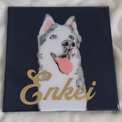 Portrait of a grey and white husky dog made with vinyl on a navy blue canvas background, sealed in epoxy resin with chrome gold vinyl name "Enkei" across the front.