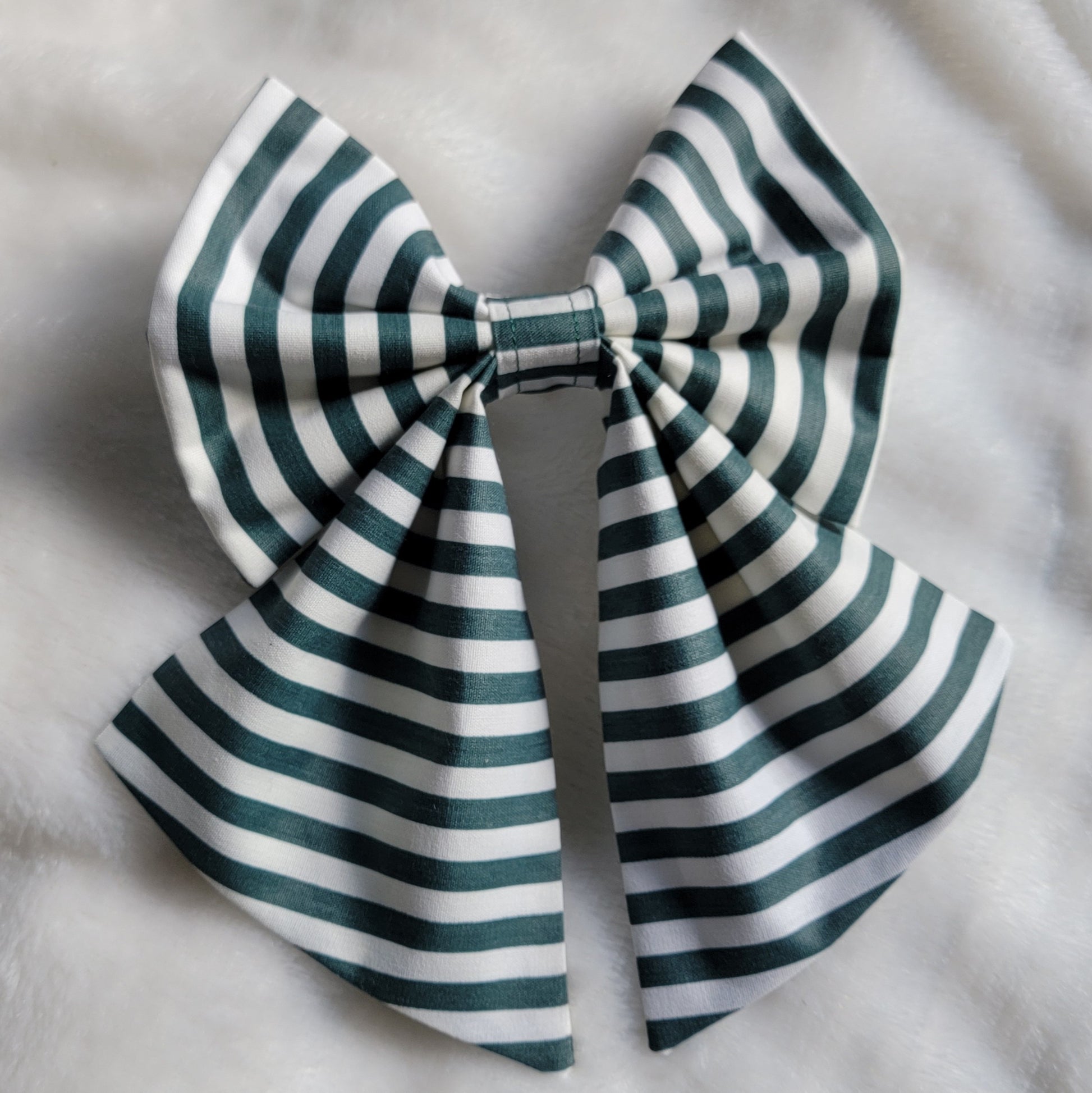 Green and white striped bow fabric sailor bow, displayed on a white background