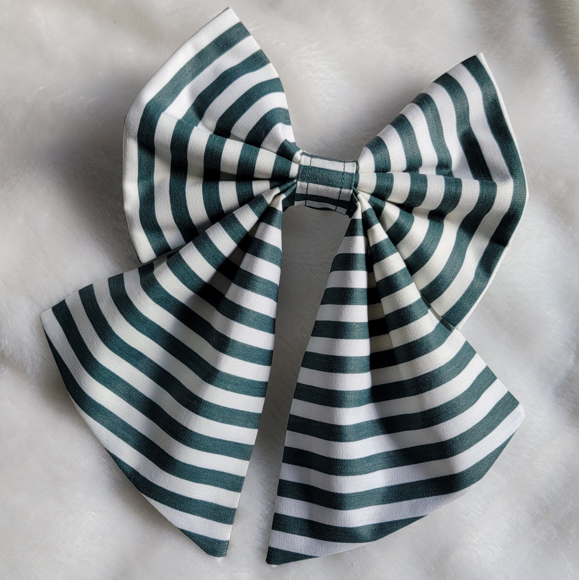 Green and white striped bow fabric sailor bow, displayed on a white background