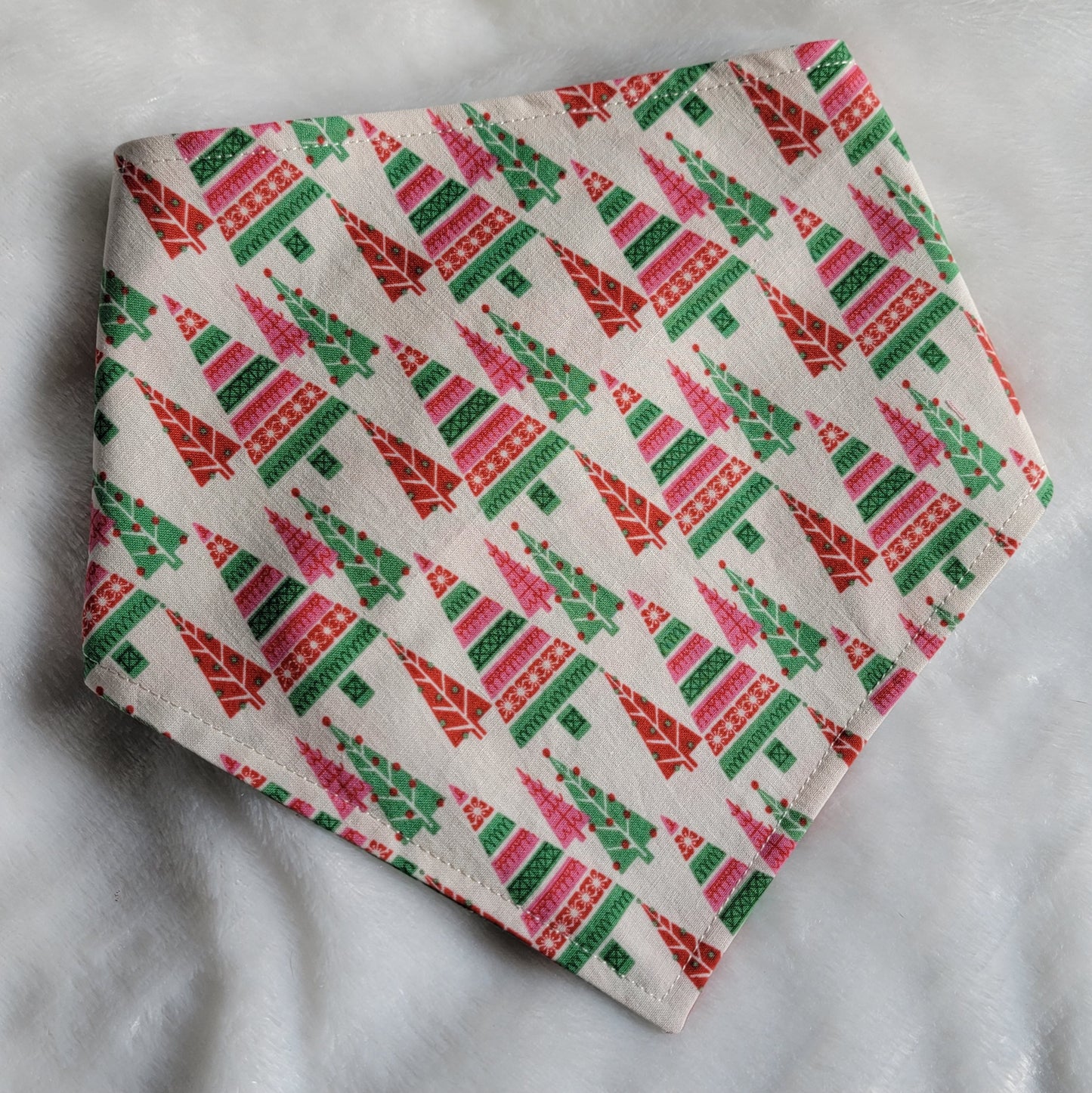 Handmade pet bandana with vintage Christmas trees print.
