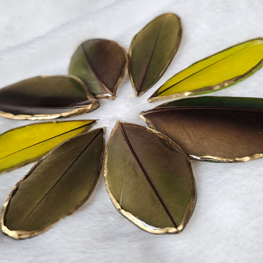 Four sets of various green macaw feathers, gilded and sealed in epoxy resin, displayed on a white textured blanket.