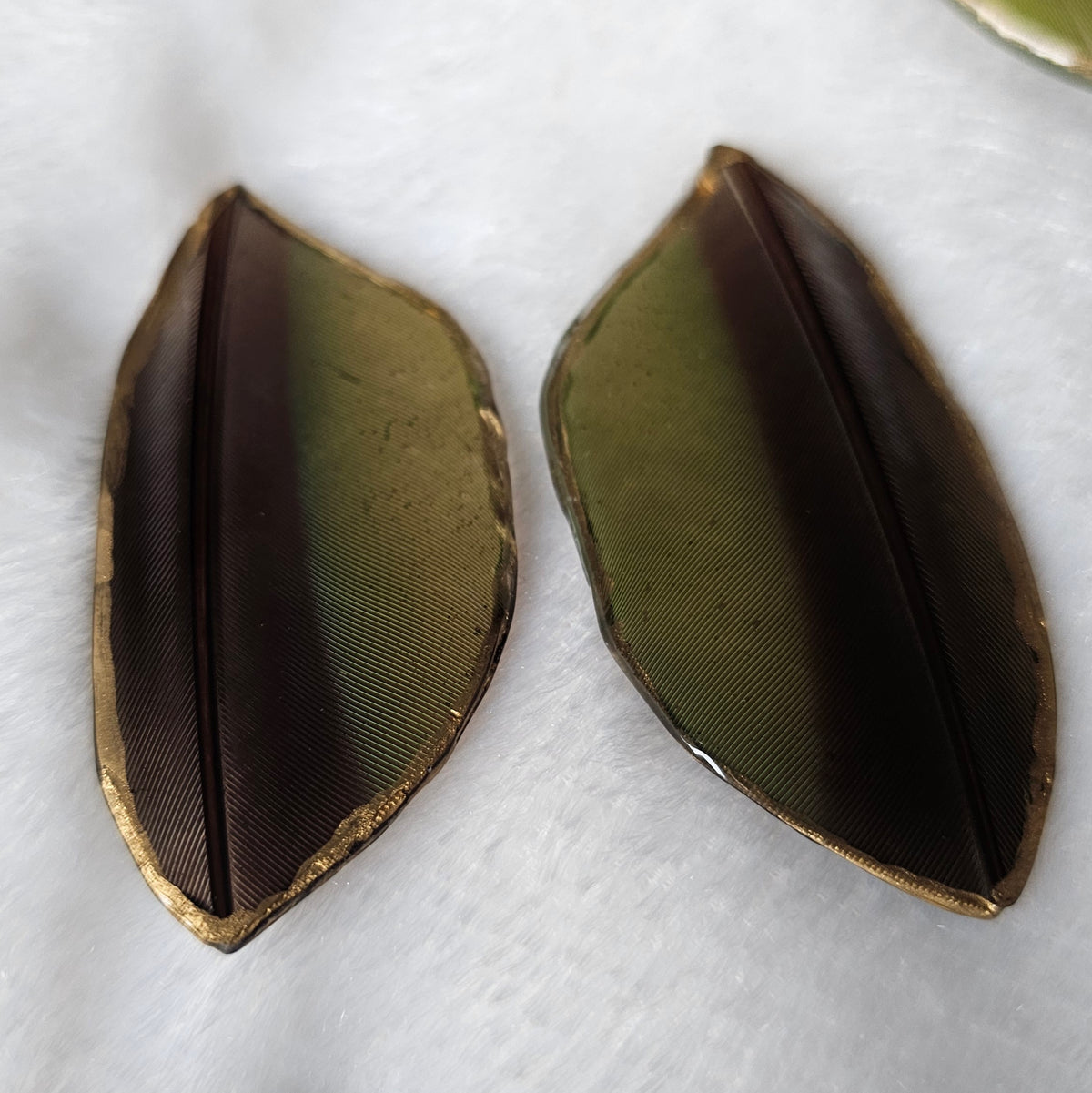 Green and dark brown macaw feathers with gilded edges and sealed in epoxy resin, displayed on a white background.