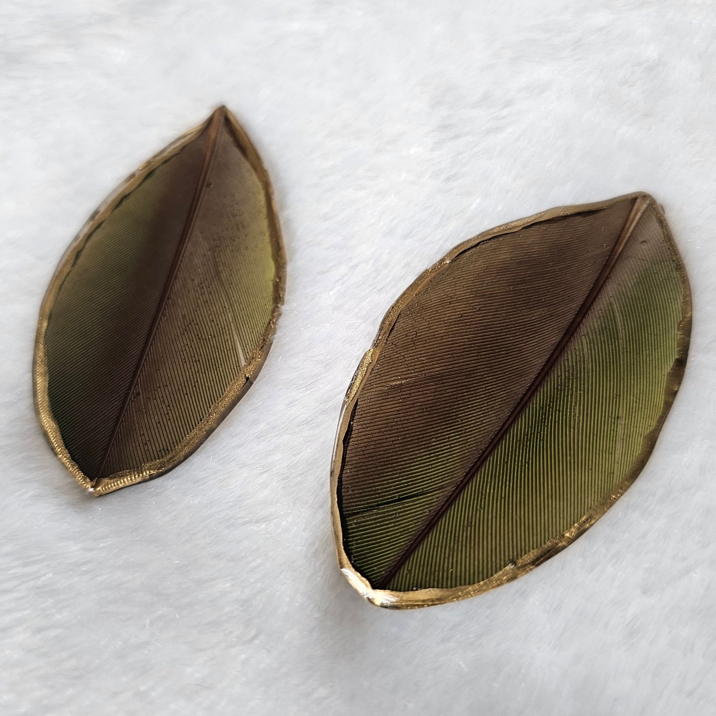 Green and dark brown macaw feathers with gilded edges and sealed in epoxy resin, displayed on a white background.