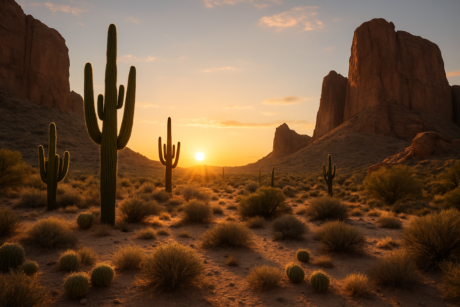 Generated image of a desert sunrise with large rock formations in the distance, as well as large cacti and other small desert plants.