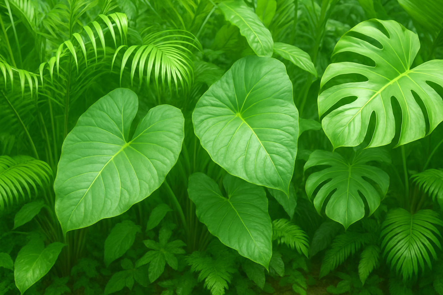 Generated image of lush variety of overgrown tropical jungle plants.