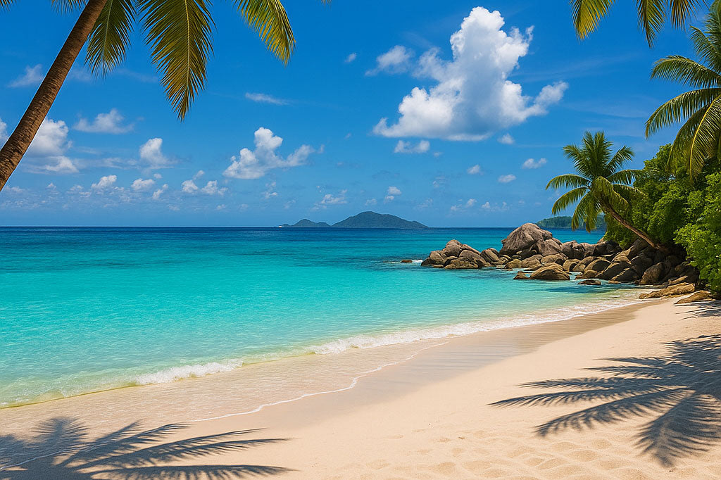 Generated image of a tropical beach shoreline with palm trees and islands visible in the distance of the bright blue water.