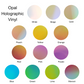 Image of opal holographic colors of vinyl available for personalization. Colors included are white, beige, gold, peach, yellow, orange, red, pink, purple, blue, green, lime, and maroon.