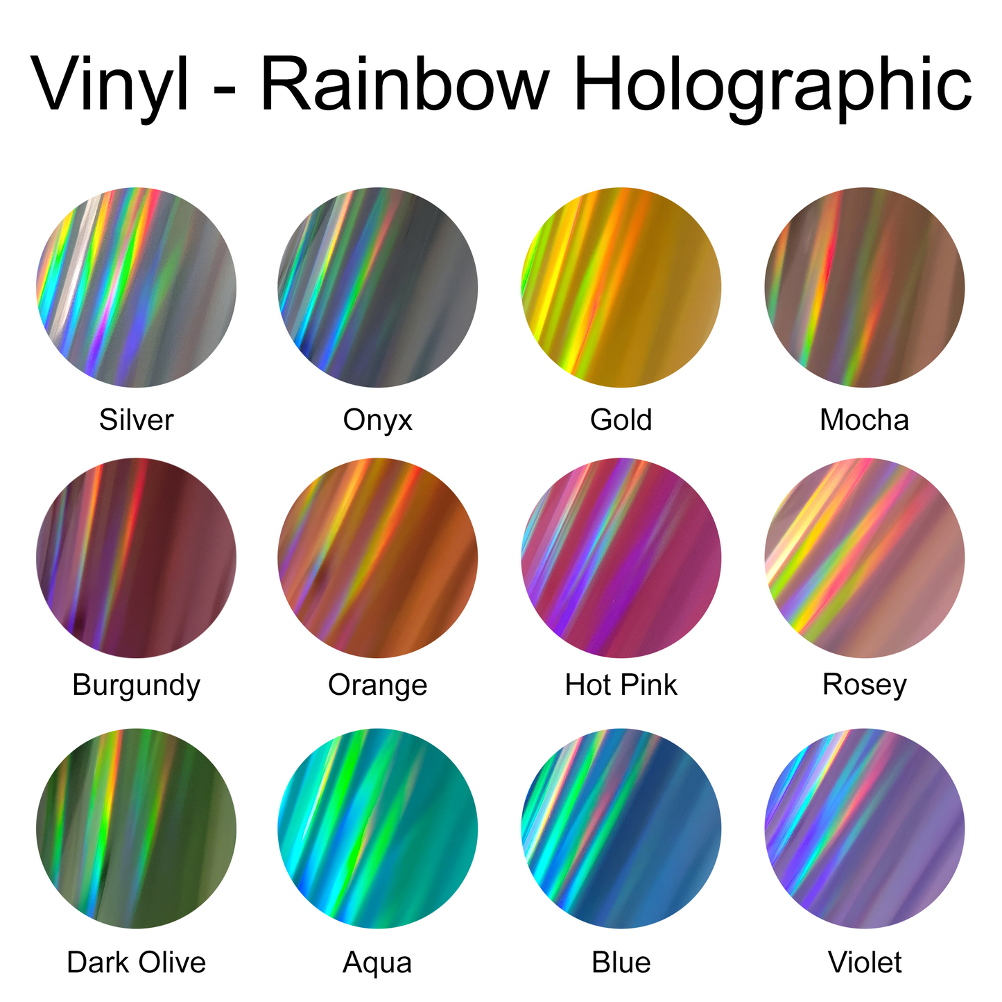 Image of rainbow holographic colors of vinyl available for personalization. Colors included: silver, onyx, gold, mocha, burgundy, orange, hot pink, rosey pink, dark olive, aqua, blue, violet.