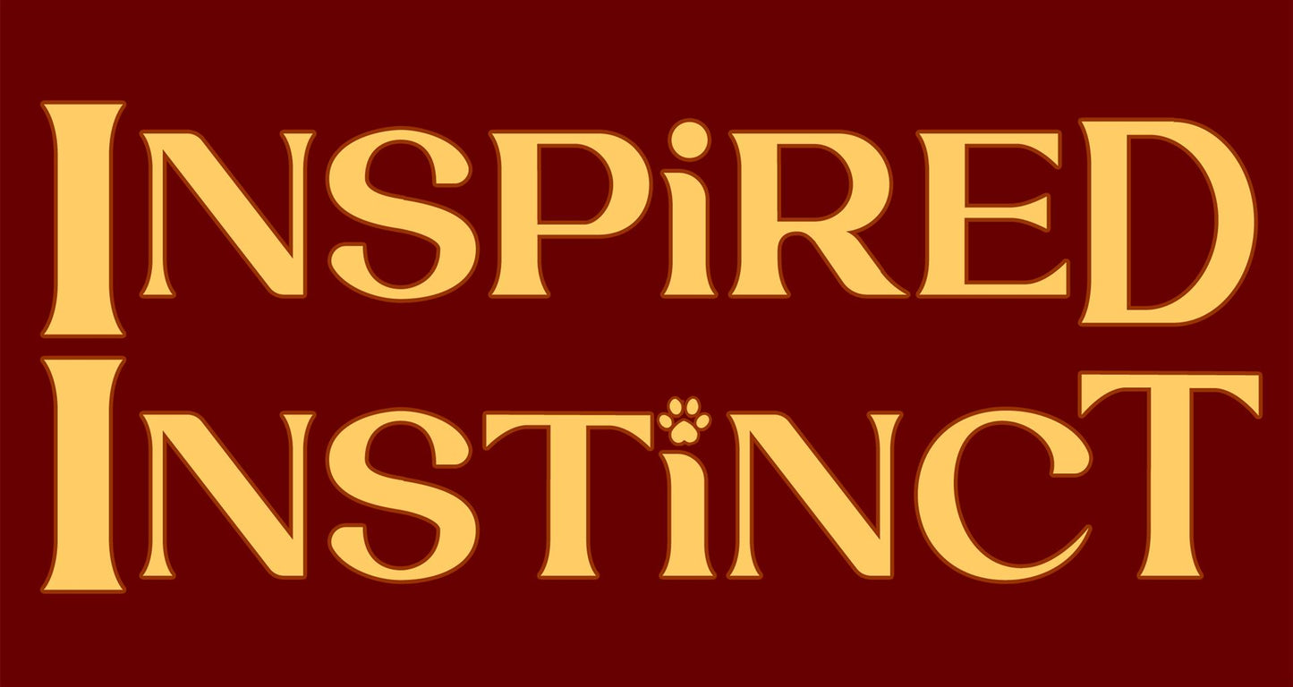 Logo with the words "Inspired Instinct" in gold on dark red background.